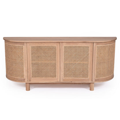 Wooden sideboard with rattan doors on a white background