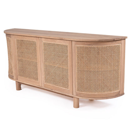 Wooden sideboard with wicker doors on a white background