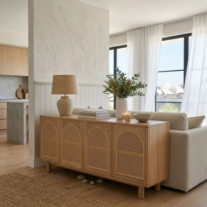 Light wood sideboard with decorative items in a living room setting