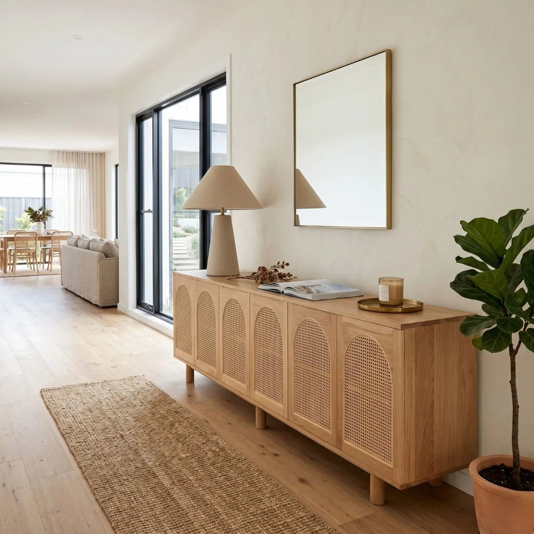 Modern living room with wooden sideboard, lamp, and plant