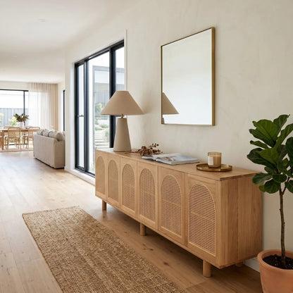 Modern living room with wooden sideboard, lamp, and plant