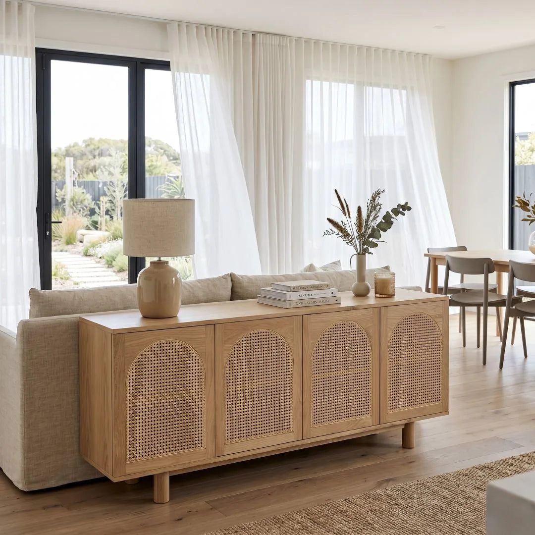 Living room with a wooden sideboard, beige sofa, and decorative items.
