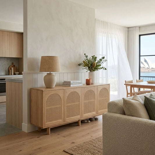 Modern living room with wooden sideboard, lamp, and view of Sydney Harbour.