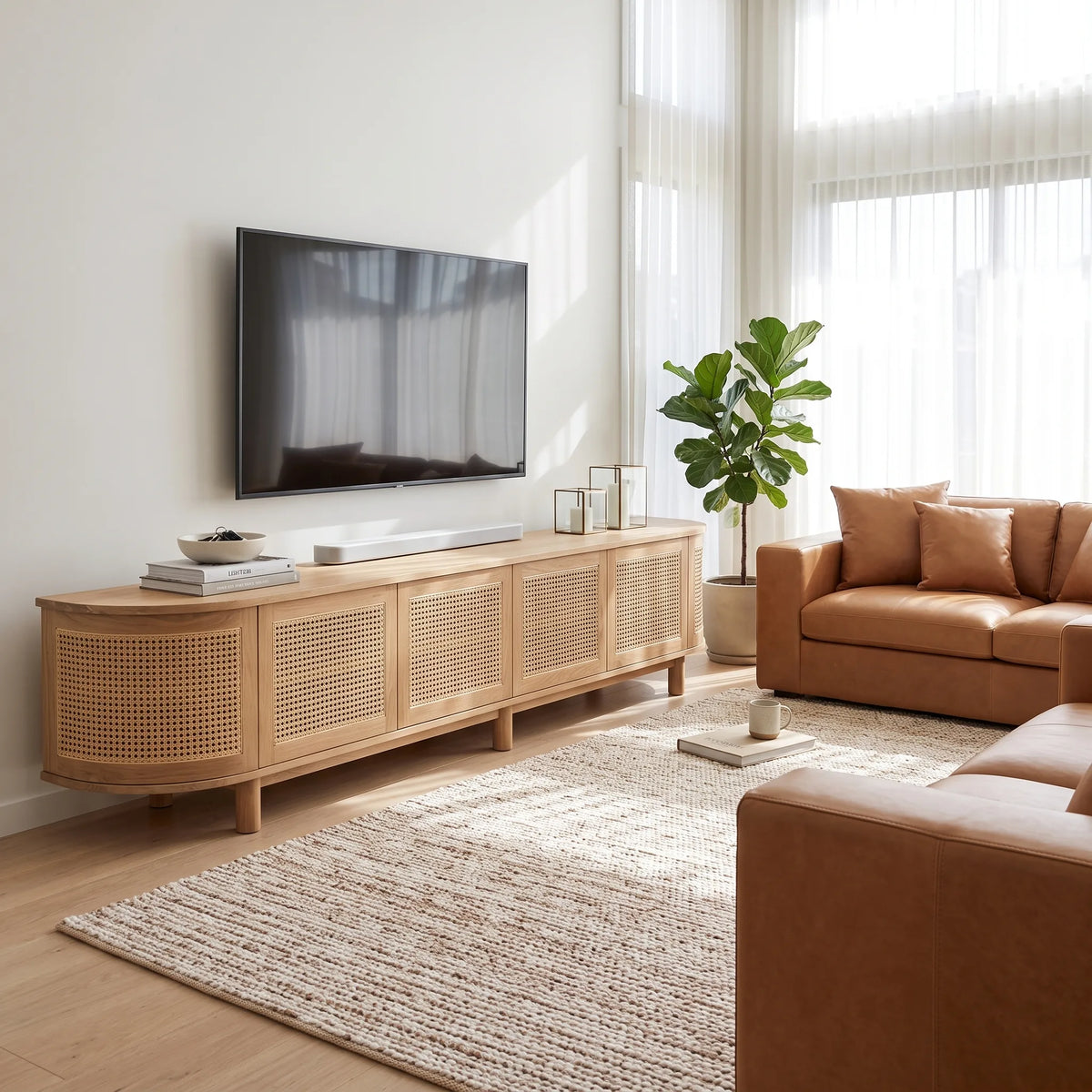 A light natural wood TV stand with woven cane panels, styled in a bright, modern living room with a brown leather sofa, a large flat-screen TV, and a potted fiddle-leaf fig plant.