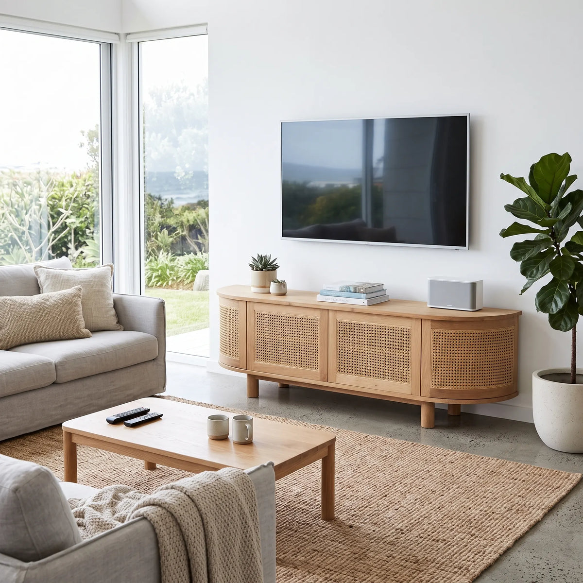 A light natural wood TV stand with woven cane panels, styled in a bright, modern living room with a wall-mounted TV, a beige sofa, and a large potted fiddle-leaf fig plant.