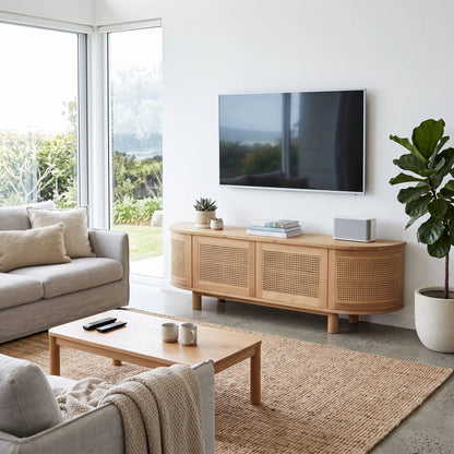 A light natural wood TV stand with woven cane panels, styled in a bright, modern living room with a wall-mounted TV, a beige sofa, and a large potted fiddle-leaf fig plant.