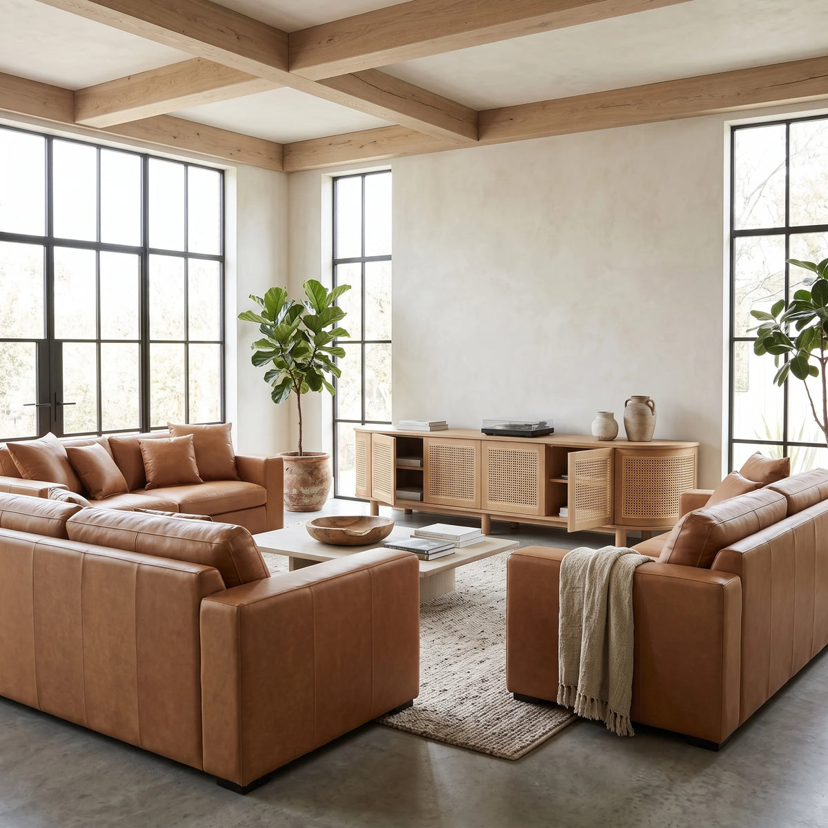A modern living room featuring a tan leather sectional sofa and matching armchair arranged around a low coffee table on a textured rug, with a light wood credenza and large windows in the background.