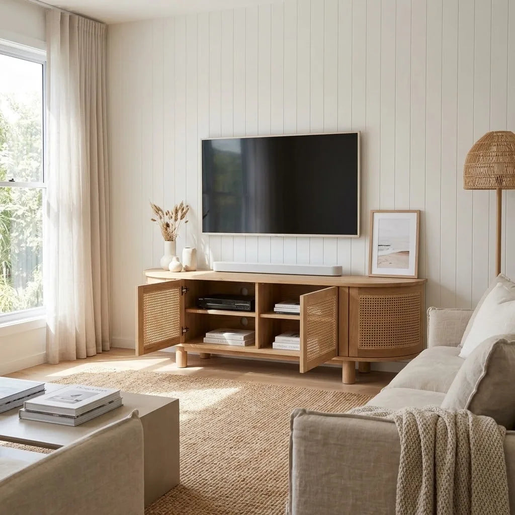 A light natural wood TV stand with woven cane panels in a bright, modern living room. A black flat-screen TV is mounted on the wall above the stand, which holds books and decorative vases.