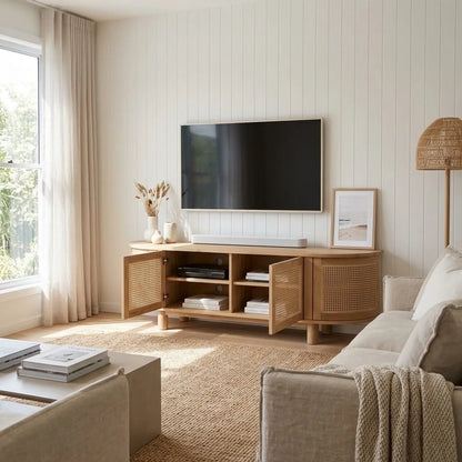 A light natural wood TV stand with woven cane panels in a bright, modern living room. A black flat-screen TV is mounted on the wall above the stand, which holds books and decorative vases.