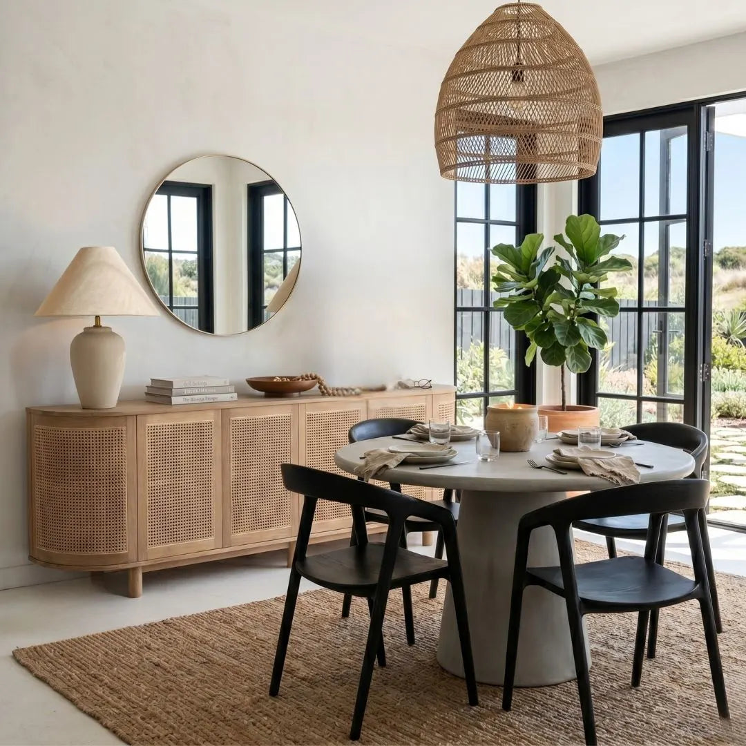 Dining room with wooden sideboard, round table, and black chairs.
