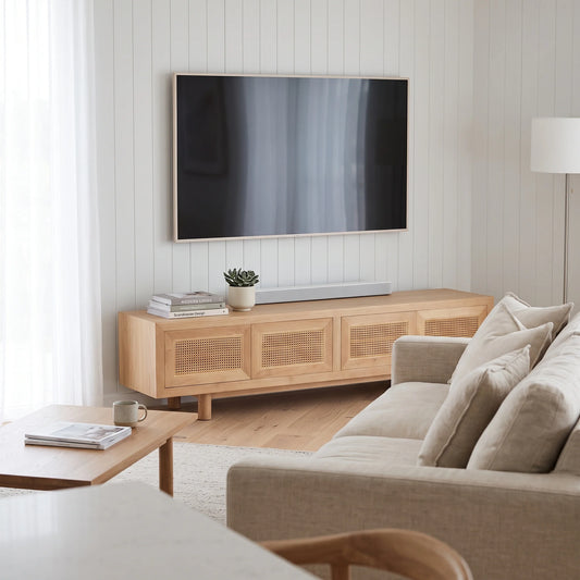 A modern living room scene featuring a light oak wood TV stand with woven cane panels, holding a soundbar beneath a wall-mounted flat-screen TV. The room has white shiplap walls, light wood floors, a beige sofa in the foreground, and a white curtain on the left.