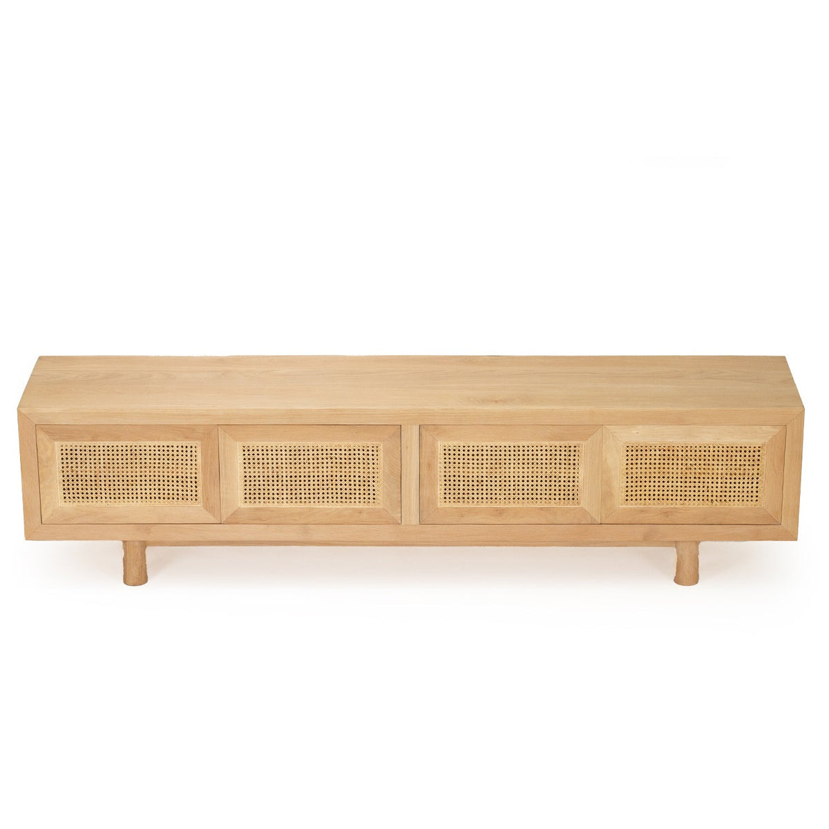 A light natural wood media console with three front panels featuring woven cane or rattan inserts, shown on a plain white background.