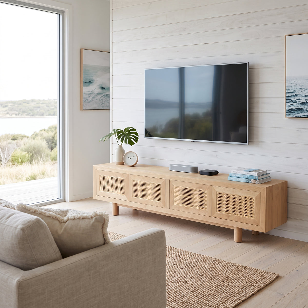 A light natural wood TV stand console with woven cane doors, styled in a bright modern living room with a wall-mounted TV, a sofa, and a large window overlooking water.