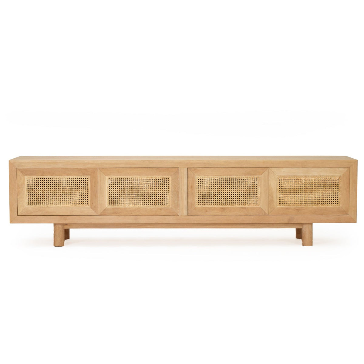 A light natural wood sideboard or media console with four front panels featuring woven cane or rattan inserts, shown on a plain white background.