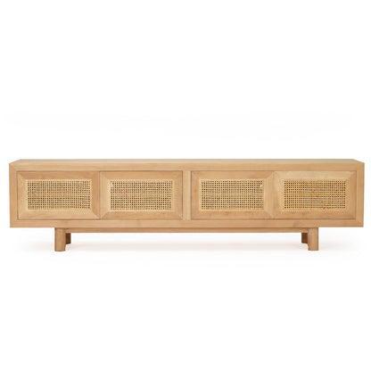 A light natural wood sideboard or media console with four front panels featuring woven cane or rattan inserts, shown on a plain white background.