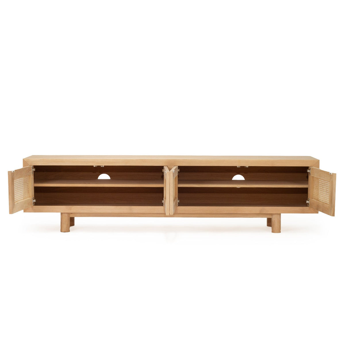 A light natural wood media console with two open cabinet doors and two central shelves, shown against a plain white background.