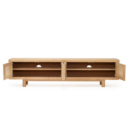 A light natural wood media console with two open cabinet doors and two central shelves, shown against a plain white background.