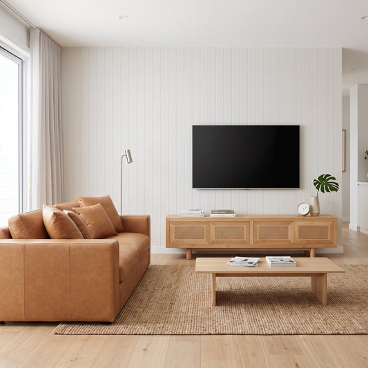 A modern living room setup featuring a tan leather sofa, a light wood media console with a wall-mounted black TV, a matching wooden coffee table, and a woven jute rug on a light wood floor.