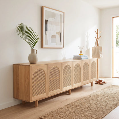 A light natural wood sideboard cabinet with woven cane panel doors, styled in a bright, modern room with a potted palm, a framed abstract print, and a wooden floor rug.