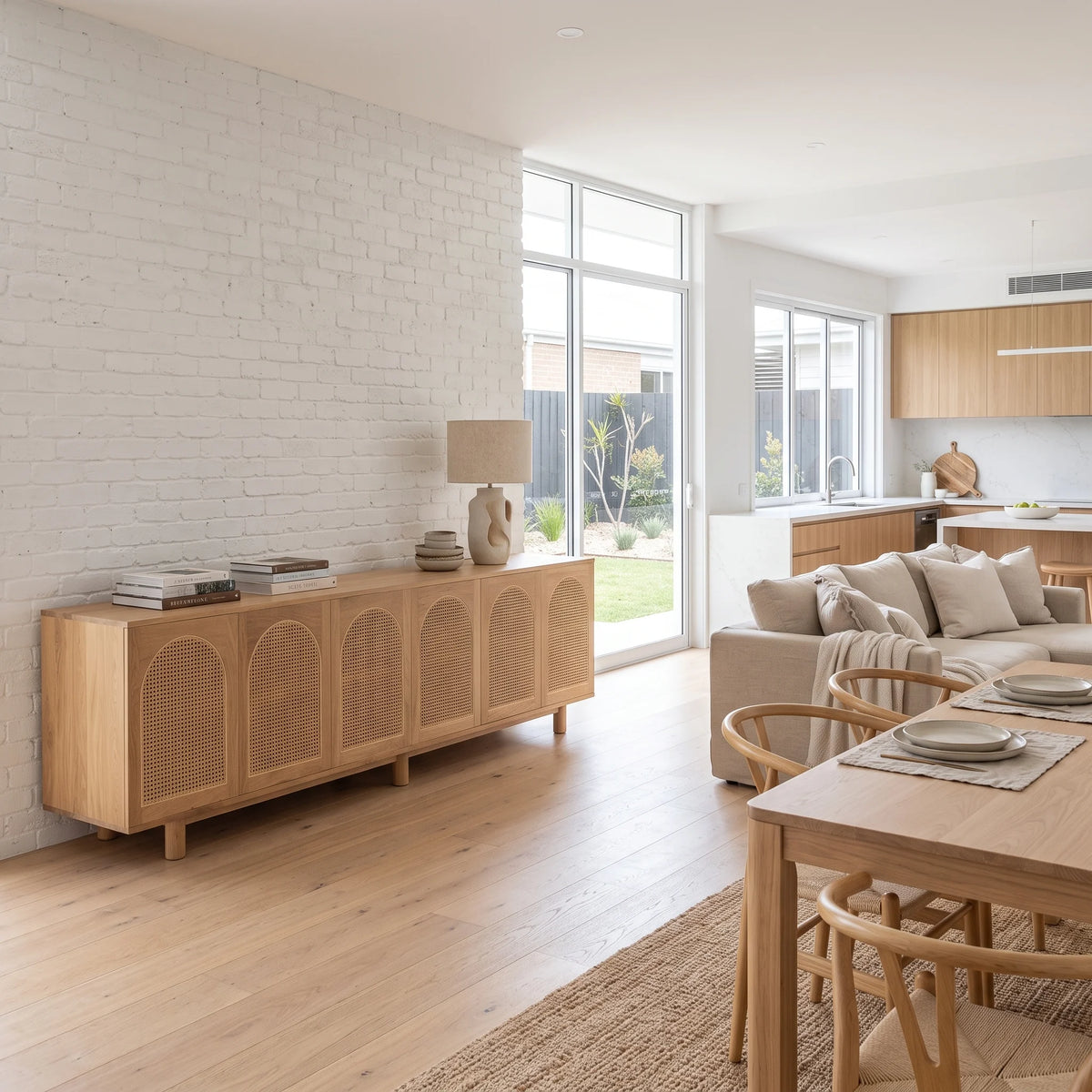 A light natural wood sideboard with arched cane panel doors, styled in a bright, modern living room with a white brick wall, wooden floors, and a dining table nearby.