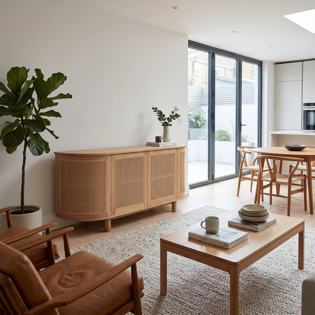 A modern living room featuring a light natural wood sideboard with woven cane panels, styled with a large potted fiddle-leaf fig, a brown leather armchair, a wooden coffee table, and a textured rug. Large glass sliding doors in the background reveal a dining area and outdoor patio.