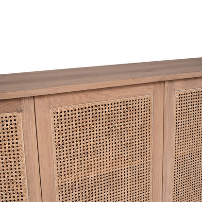 Wooden cabinet with rattan-style doors on a white background