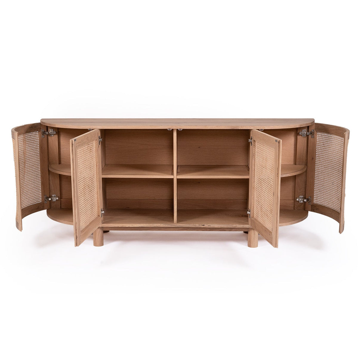 Wooden cabinet with open doors on a white background