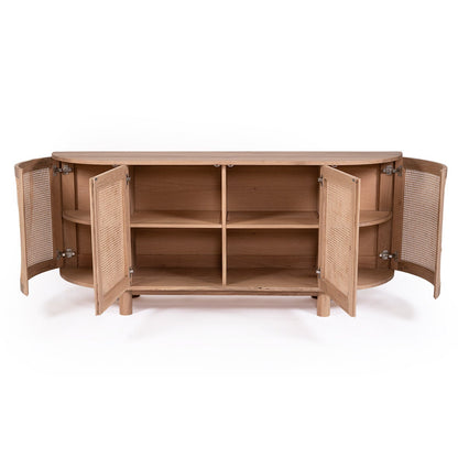 Wooden cabinet with open doors on a white background