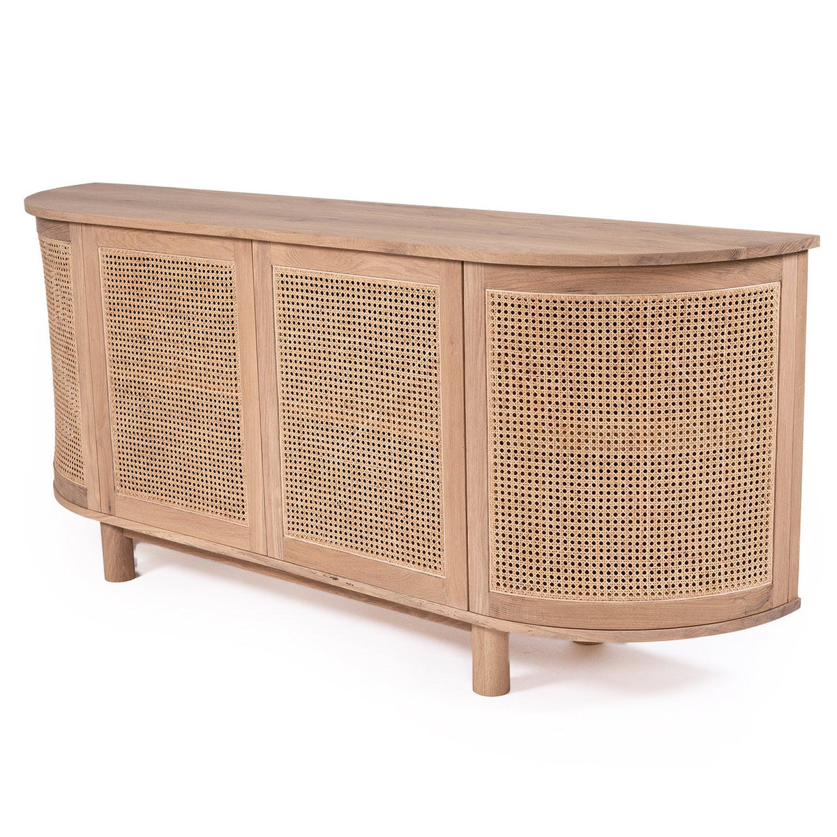 Wooden sideboard with wicker doors on a white background