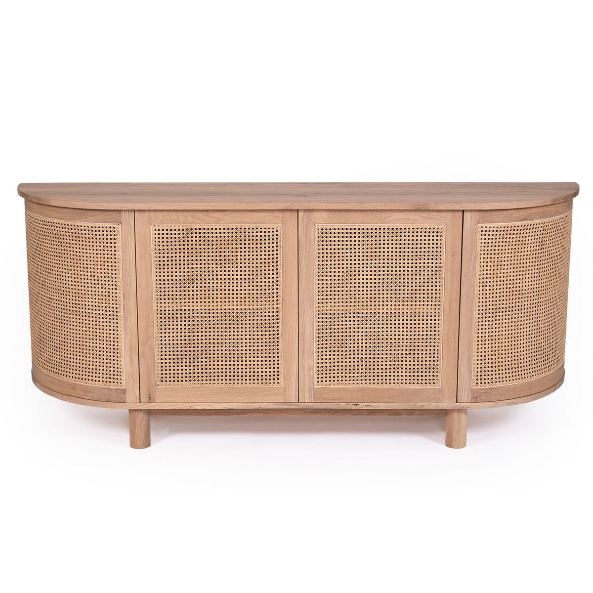 Wooden sideboard with rattan doors on a white background