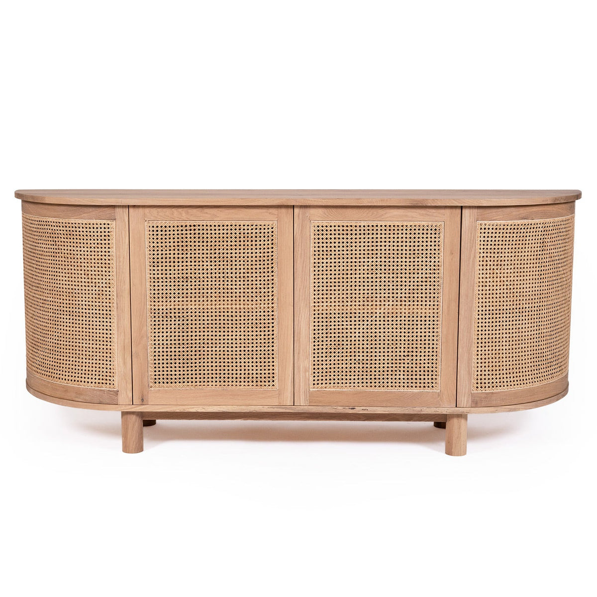 Wooden sideboard with rattan doors on a white background