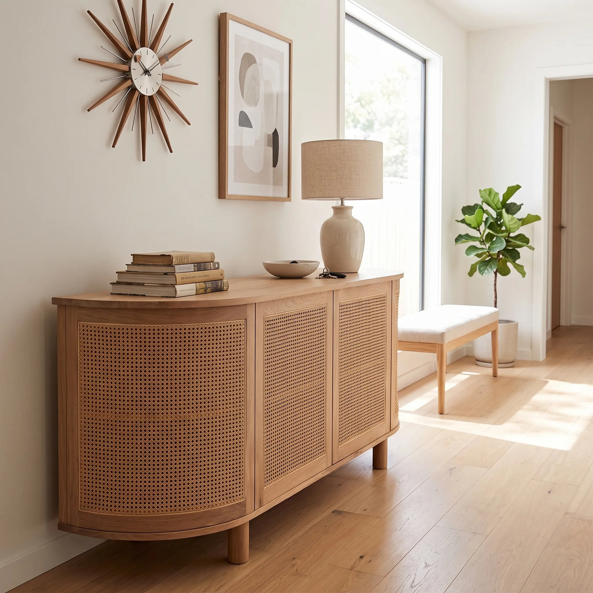 A light natural wood sideboard cabinet with woven cane panel doors, styled in a bright, modern room with a lamp, books, and a bench.