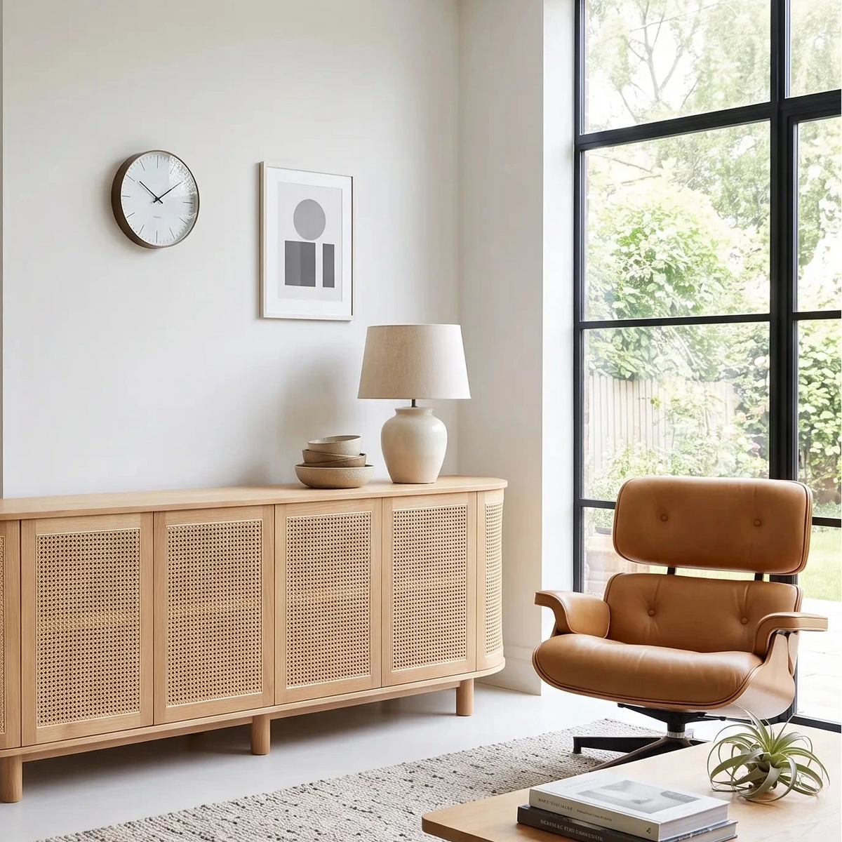 A mid-century modern light oak wood sideboard with woven cane panels, styled in a bright, minimalist living room next to an Eames-style armchair and coffee table.