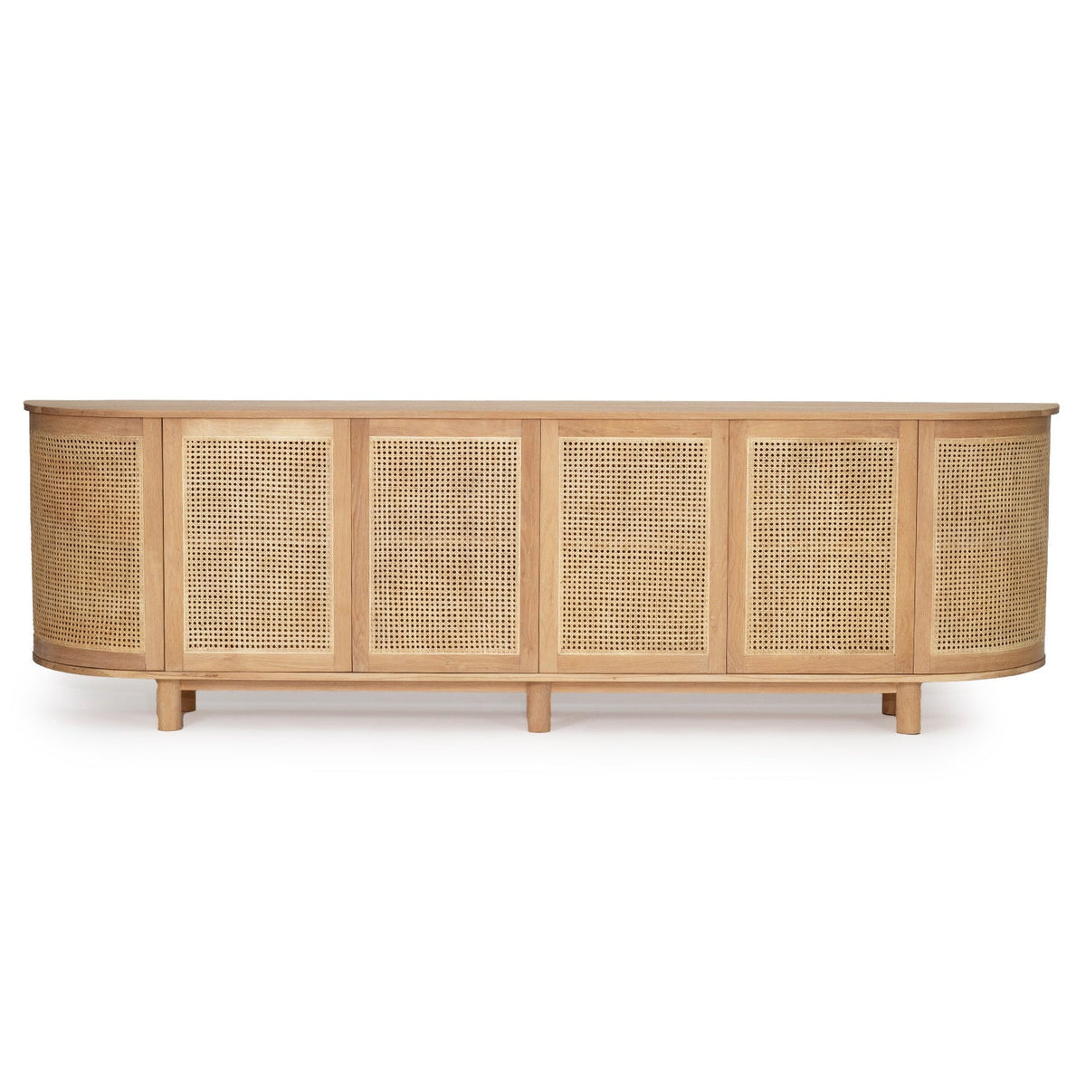 A curved sideboard cabinet with natural wood frames and woven cane panel doors, shown against a plain white background.
