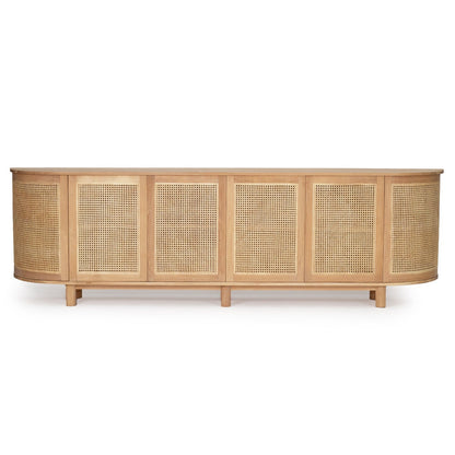 A curved sideboard cabinet with natural wood frames and woven cane panel doors, shown against a plain white background.