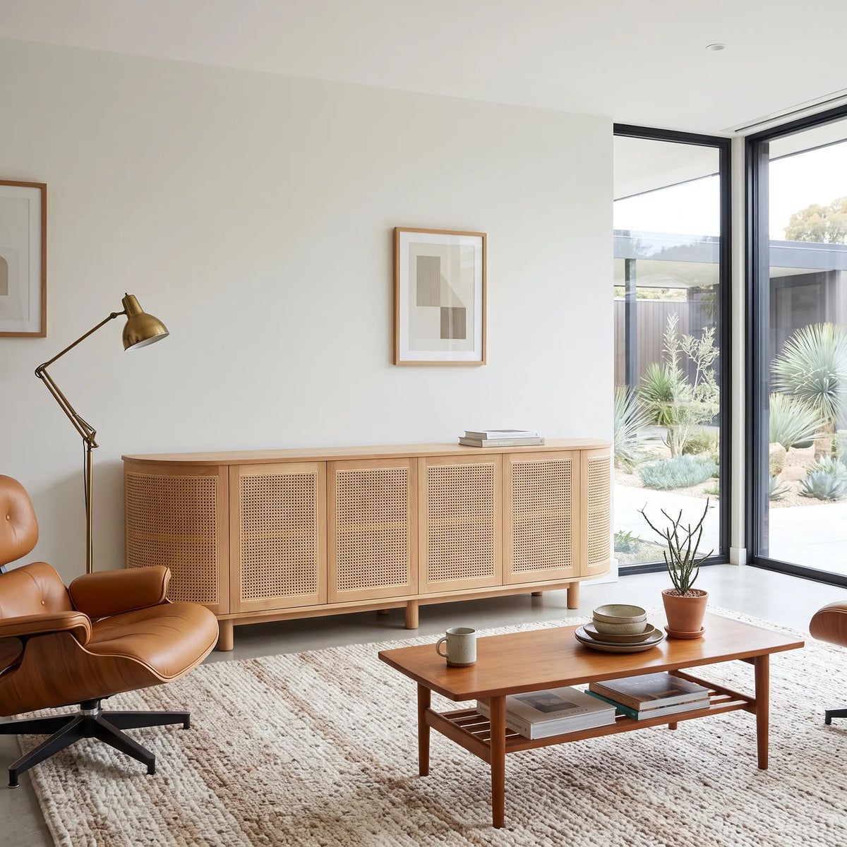 A mid-century modern wooden credenza with woven cane panels in a bright, contemporary living room. The credenza is styled with a matching wooden coffee table, a brown leather lounge chair, a brass floor lamp, and a textured beige rug.