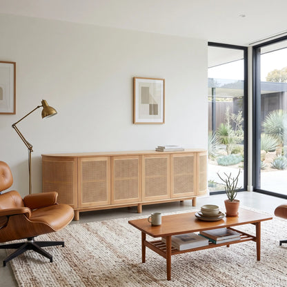 A mid-century modern wooden credenza with woven cane panels in a bright, contemporary living room. The credenza is styled with a matching wooden coffee table, a brown leather lounge chair, a brass floor lamp, and a textured beige rug.