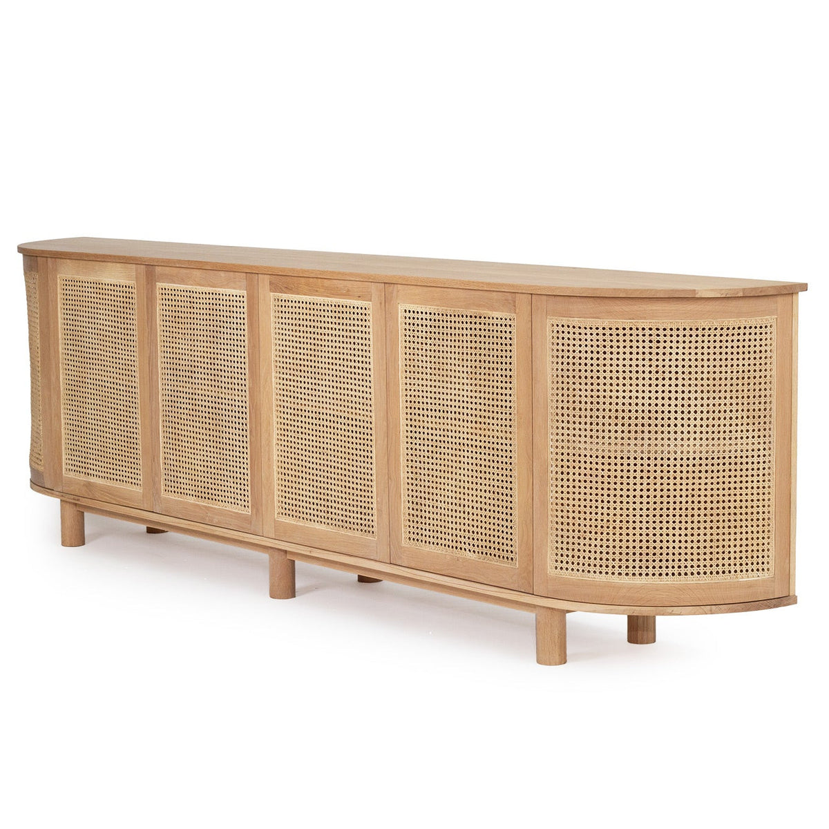 A light natural wood sideboard or credenza with five cane-rangeframe doors, shown from a three-quarter angle on a white background.