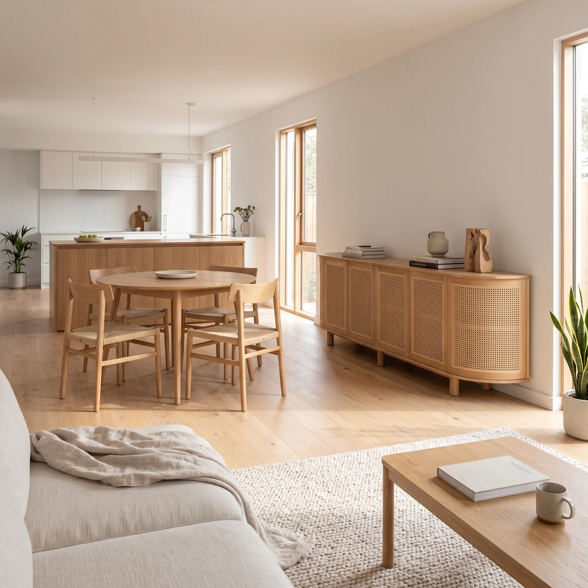 A bright, modern open-plan living space featuring light natural wood furniture, including a dining set, a sideboard, and a coffee table, set against warm off-white walls and a textured cream rug.
