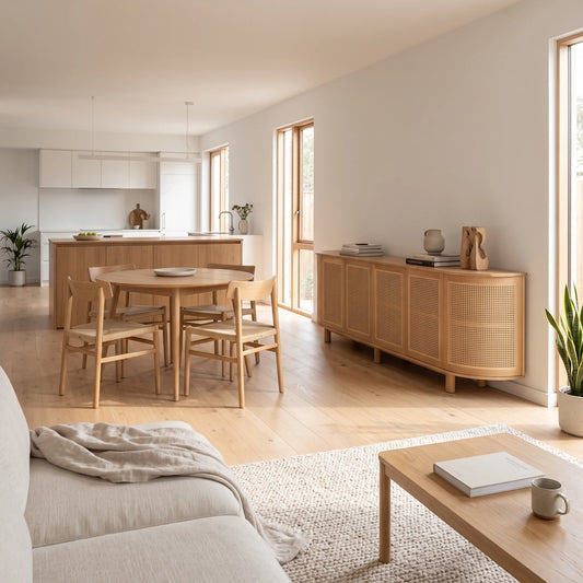 A bright, modern open-plan living space featuring light natural wood furniture, including a dining set, a sideboard, and a coffee table, set against warm off-white walls and a textured cream rug.