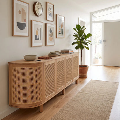 A long light wood sideboard or credenza with woven cane panels, styled in a bright, modern entryway with framed abstract art, a potted fiddle-leaf fig, and a woven rug.