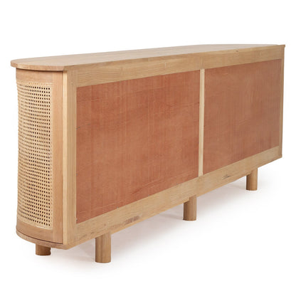A mid-century modern wooden sideboard featuring two warm reddish-brown cane panels on the front, a woven cane side panel, and short wooden legs, shown on a white background.