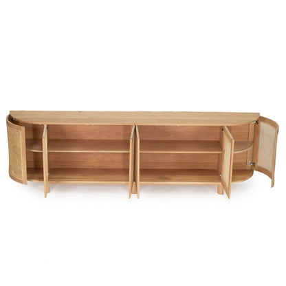 A light natural wood media console with open doors and three interior shelves, shown against a plain white background.