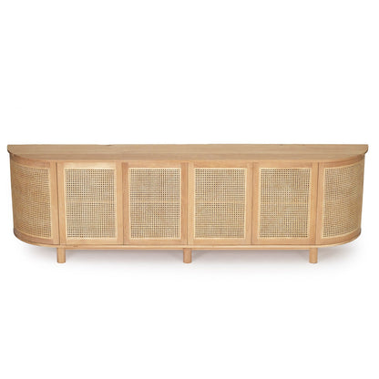 A light natural wood sideboard or credenza with five cane-screen doors, shown against a plain white background.