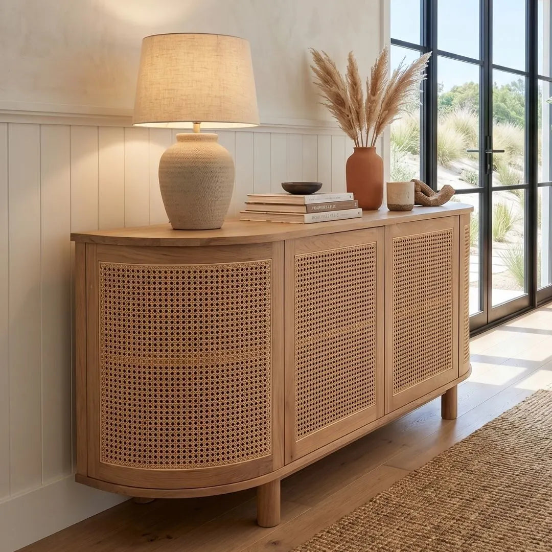 Wooden sideboard with wicker doors in a room with large windows.