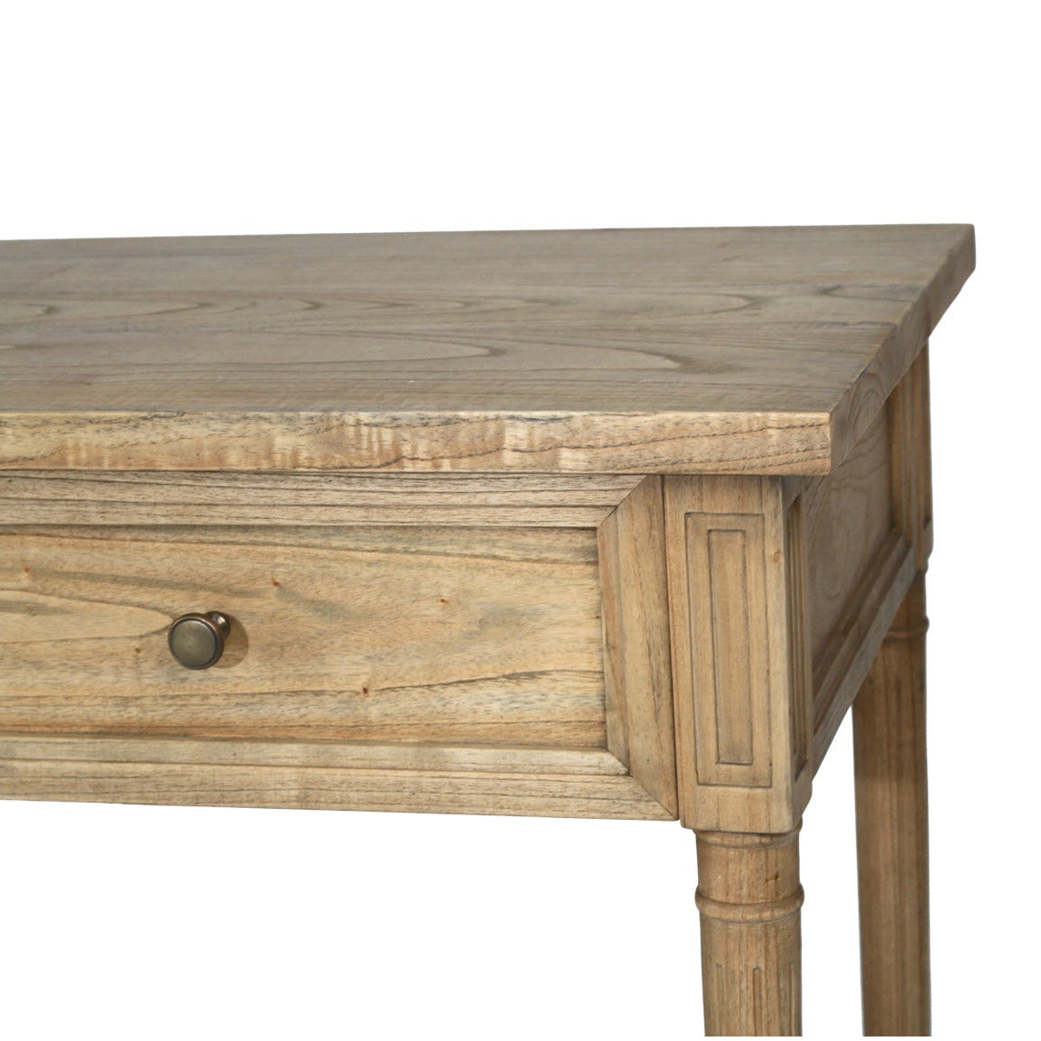 Close-up of a rustic light brown wooden table with a single drawer and a round metal knob, shown against a plain white background.