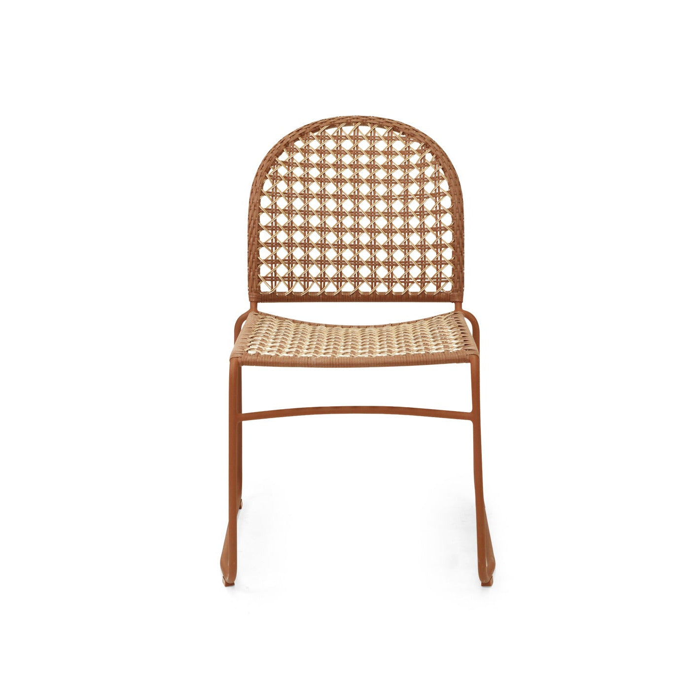 A classic-style dining chair with a warm brown metal frame and a woven cane seat and backrest, shown against a plain white background.