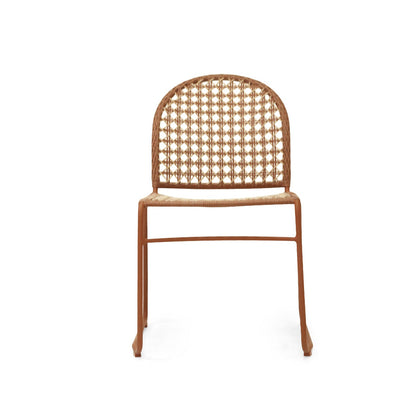 A classic-style dining chair with a warm brown metal frame and a woven cane backrest and seat, shown against a plain white background.