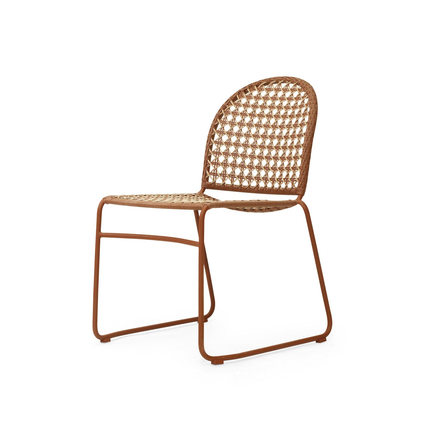 A modern side chair with a rust-brown metal frame and a woven cane seat and backrest, shown against a plain white background.