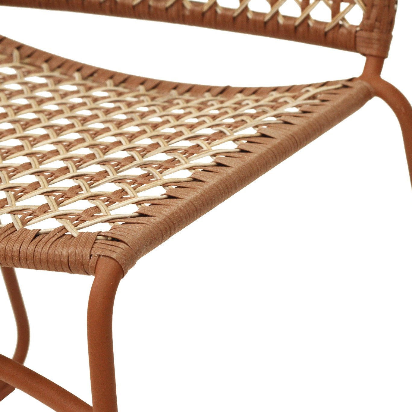 Close-up of a woven rattan or wicker chair seat with a warm brown metal frame on a white background.